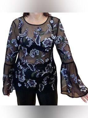 INC International Concepts Black Sheer Floral Embroidered Bell Sleeve Top